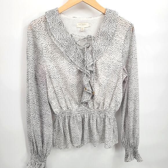 Ted Baker London 2/6 Alyanna Ruffle Top Patterned Blouse Black White - Picture 3 of 8